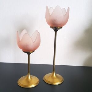Vintage Pink Frosted Candle Holders, set of 2
